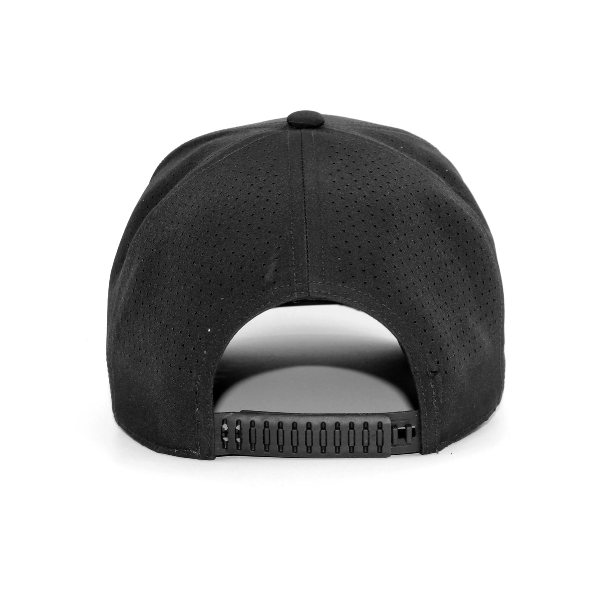 HOT-9 black wholesale 6-panel performance snapback hat back view