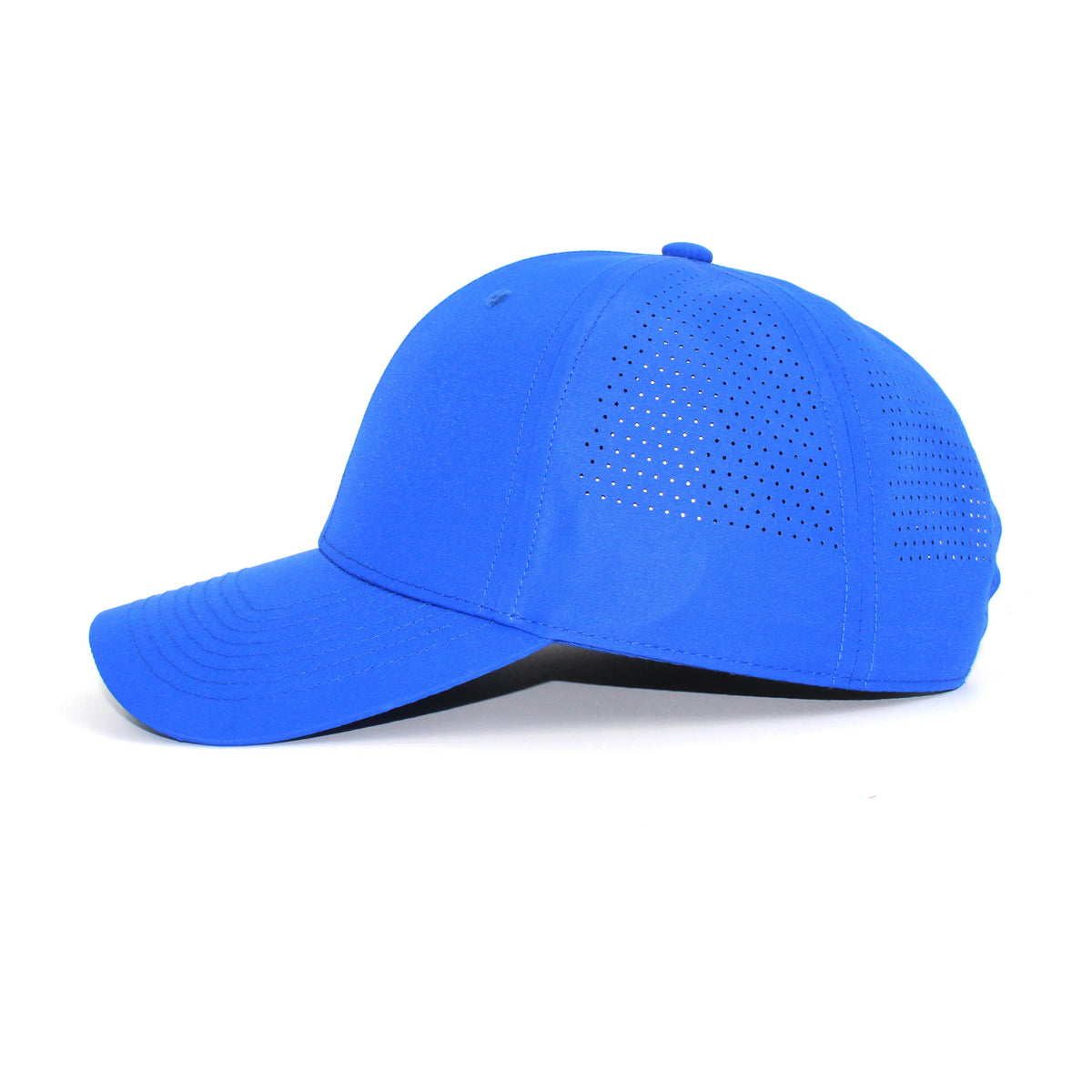 HOT-9 blue wholesale 6-panel performance snapback hat side view