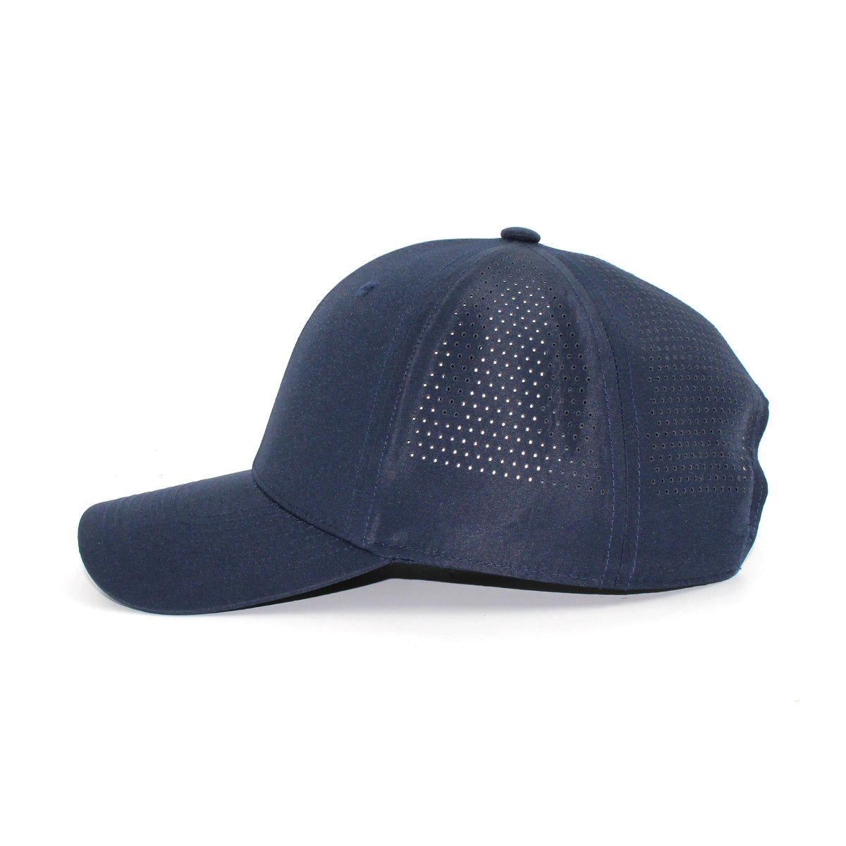 HOT-9 navy wholesale 6-panel performance snapback hat side view