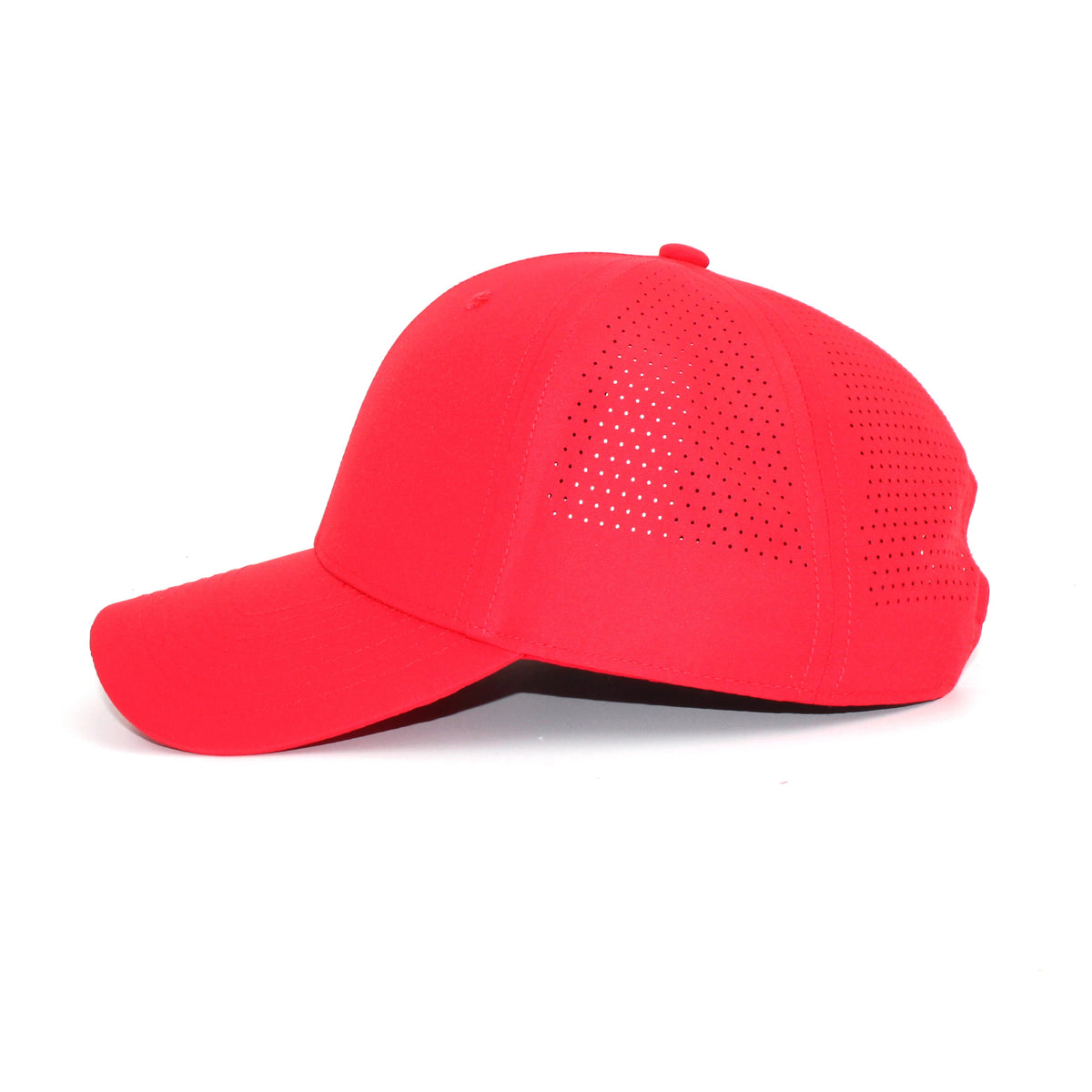 HOT-9 red wholesale 6-panel performance snapback hat side view