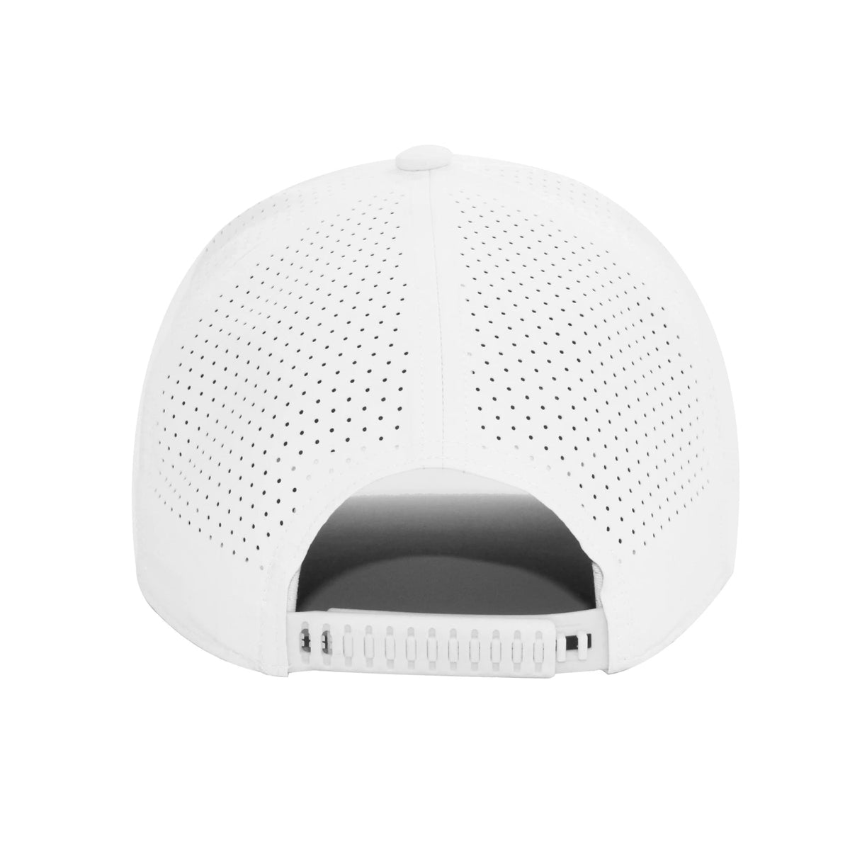 HOT-9 white wholesale 6-panel performance snapback hat back view