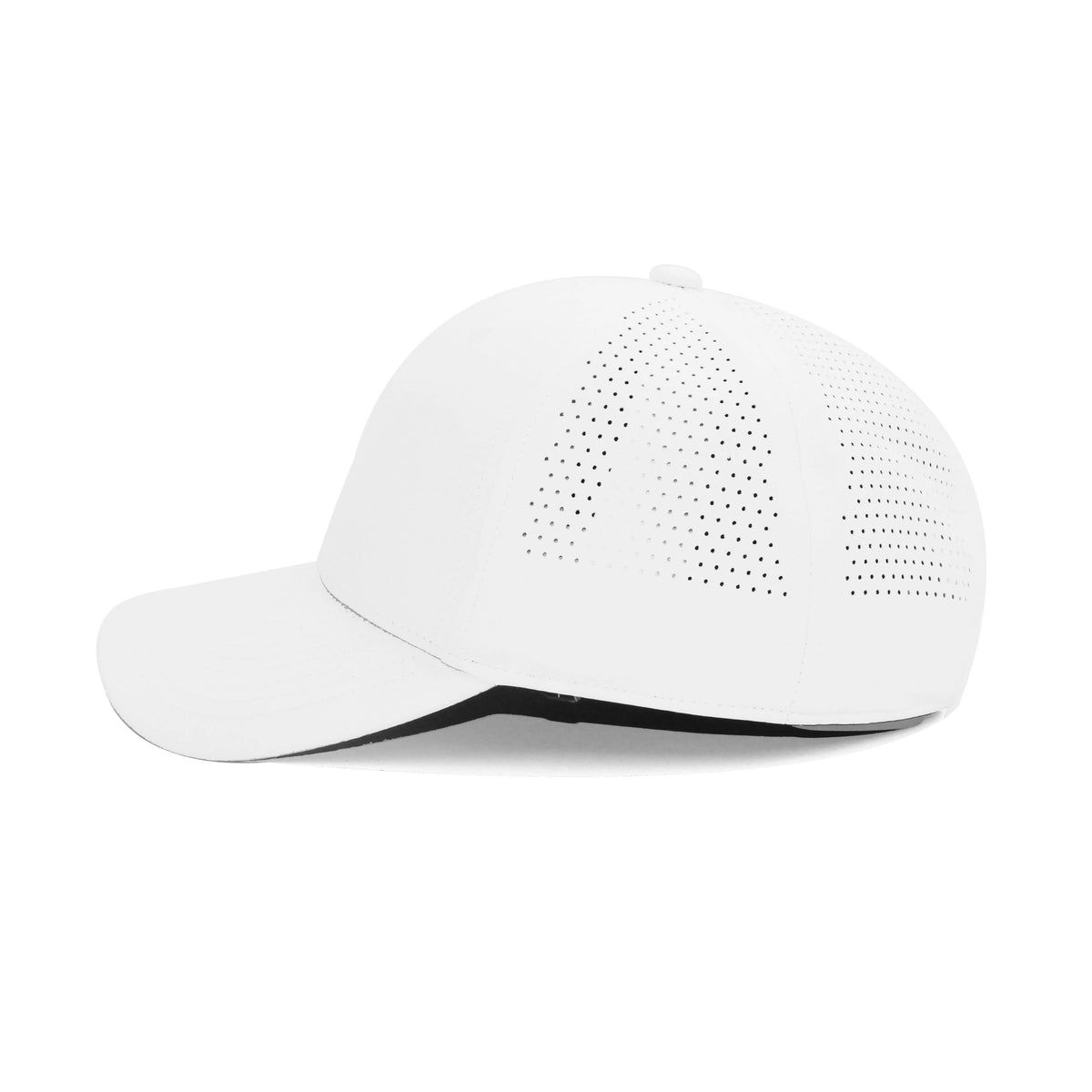 HOT-9 white wholesale 6-panel performance snapback hat side view