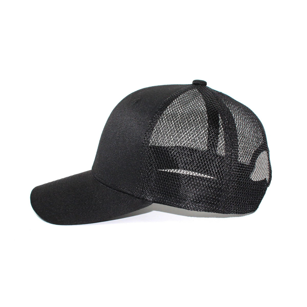 LU-1 black wholesale 6-panel trucker hat side view