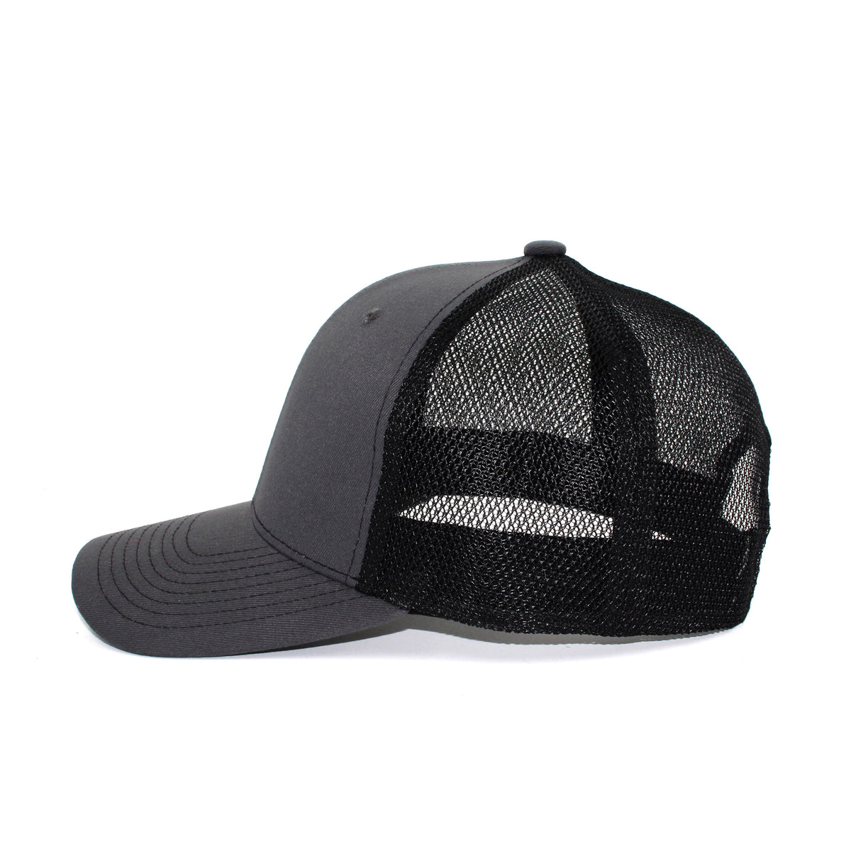 LU-1 charcoal black wholesale 6-panel trucker hat side view