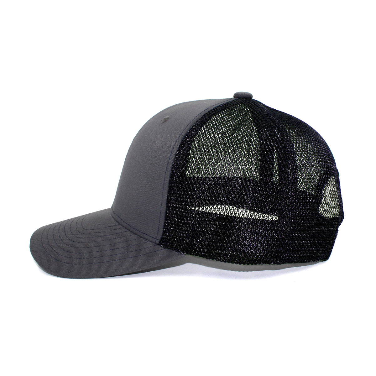 LU-1 charcoal navy wholesale 6-panel trucker hat side view