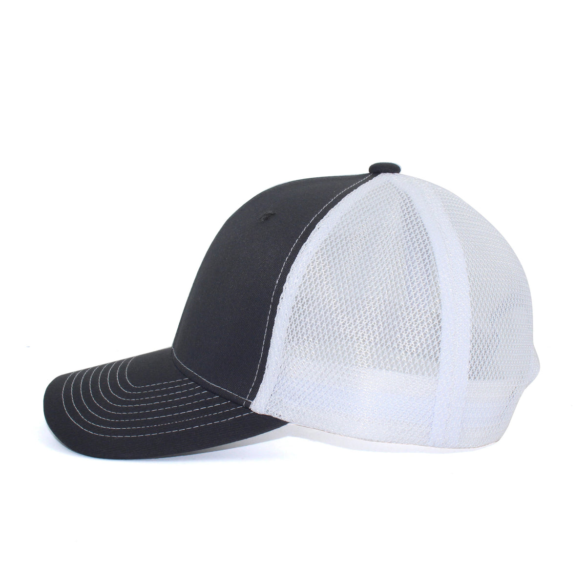 LU-1 charcoal white wholesale 6-panel trucker hat side view