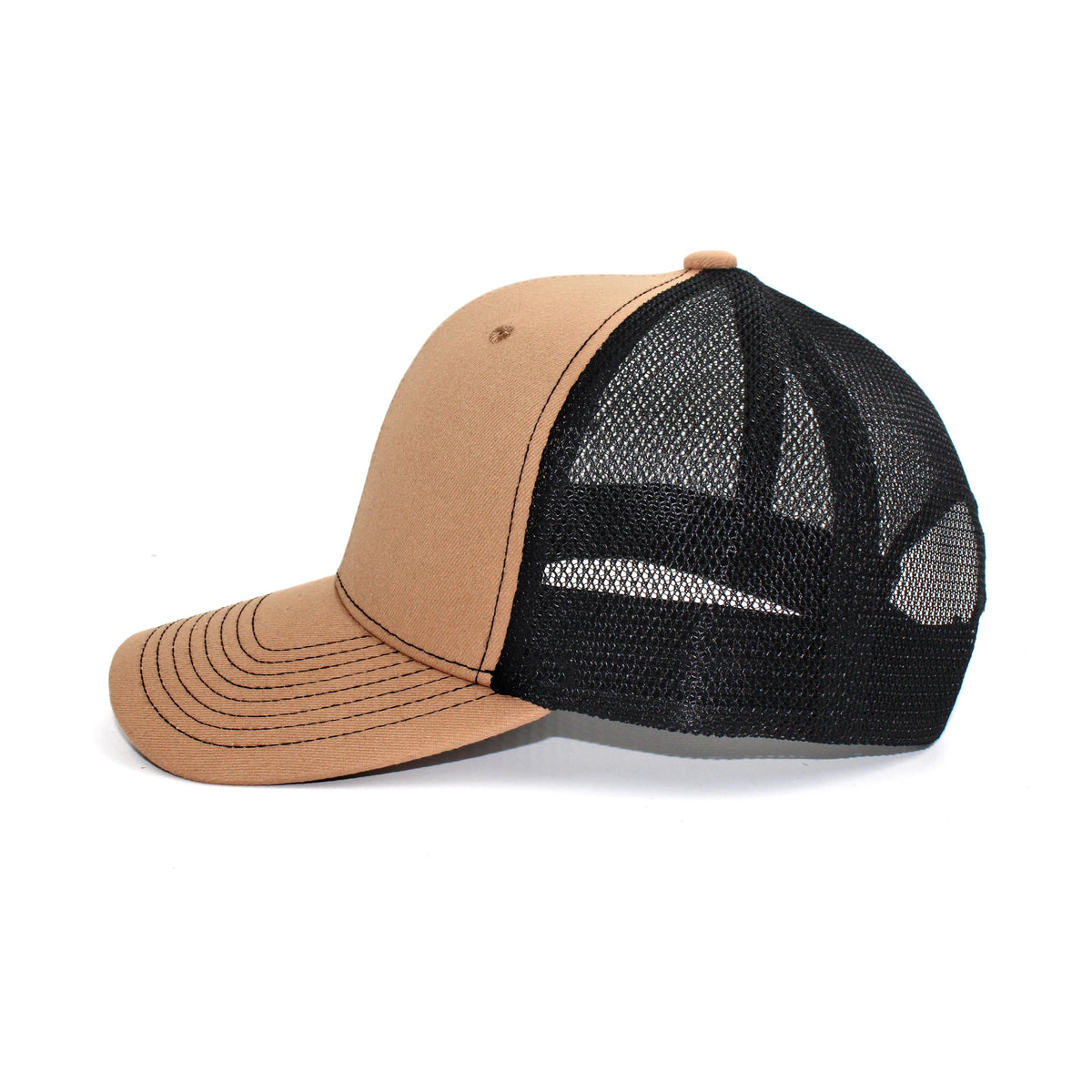 LU-1 khaki black wholesale 6-panel trucker hat side view