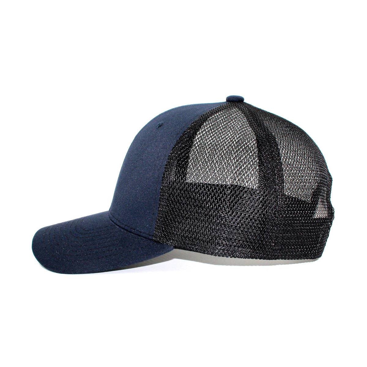 LU-1 navy black wholesale 6-panel trucker hat side view