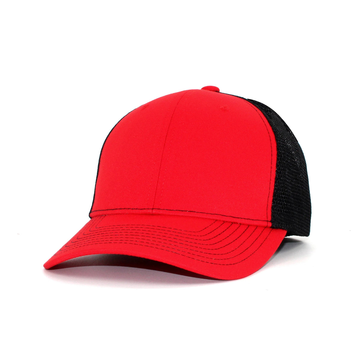 LU-1 red black wholesale 6-panel trucker hat front view