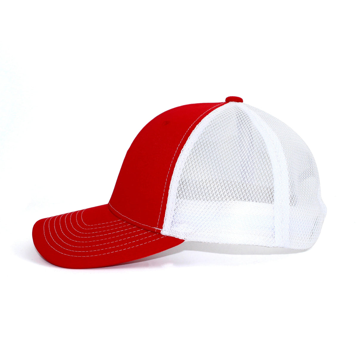 LU-1 red white wholesale 6-panel trucker hat side view