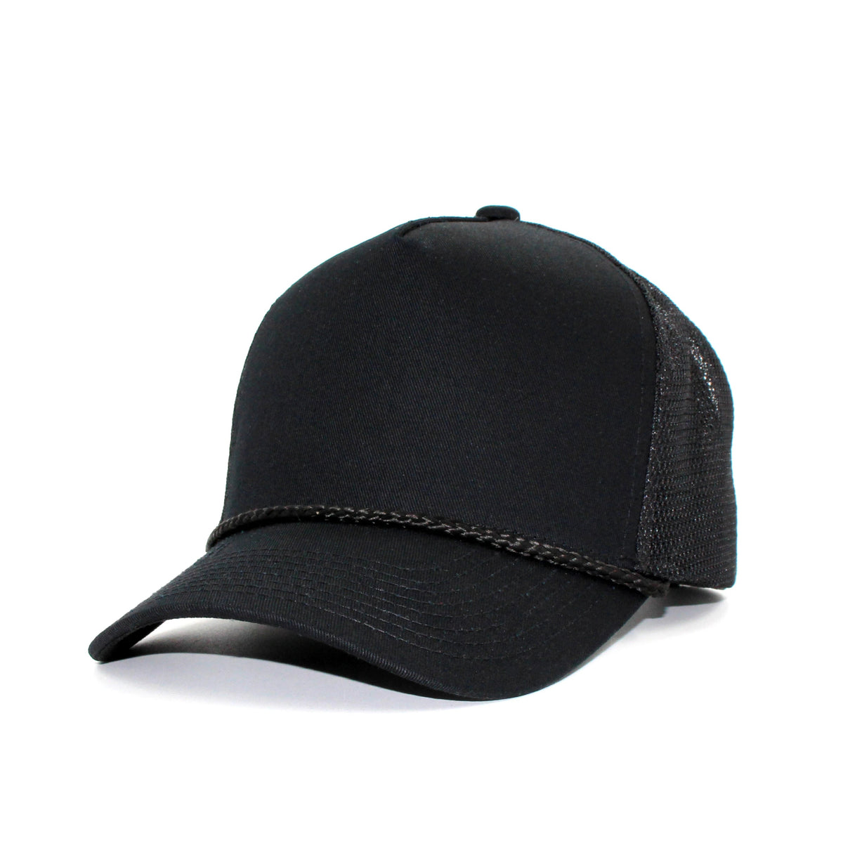 LU-3 black wholesale 5-panel rope trucker hat front view