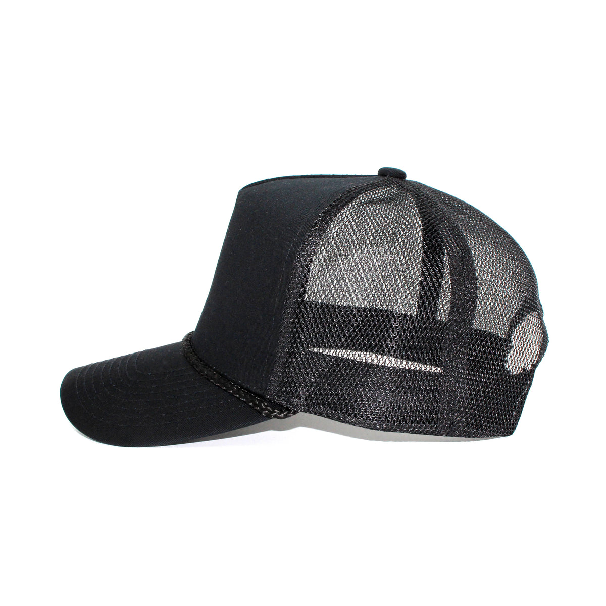 LU-3 black wholesale 5-panel rope trucker hat side view