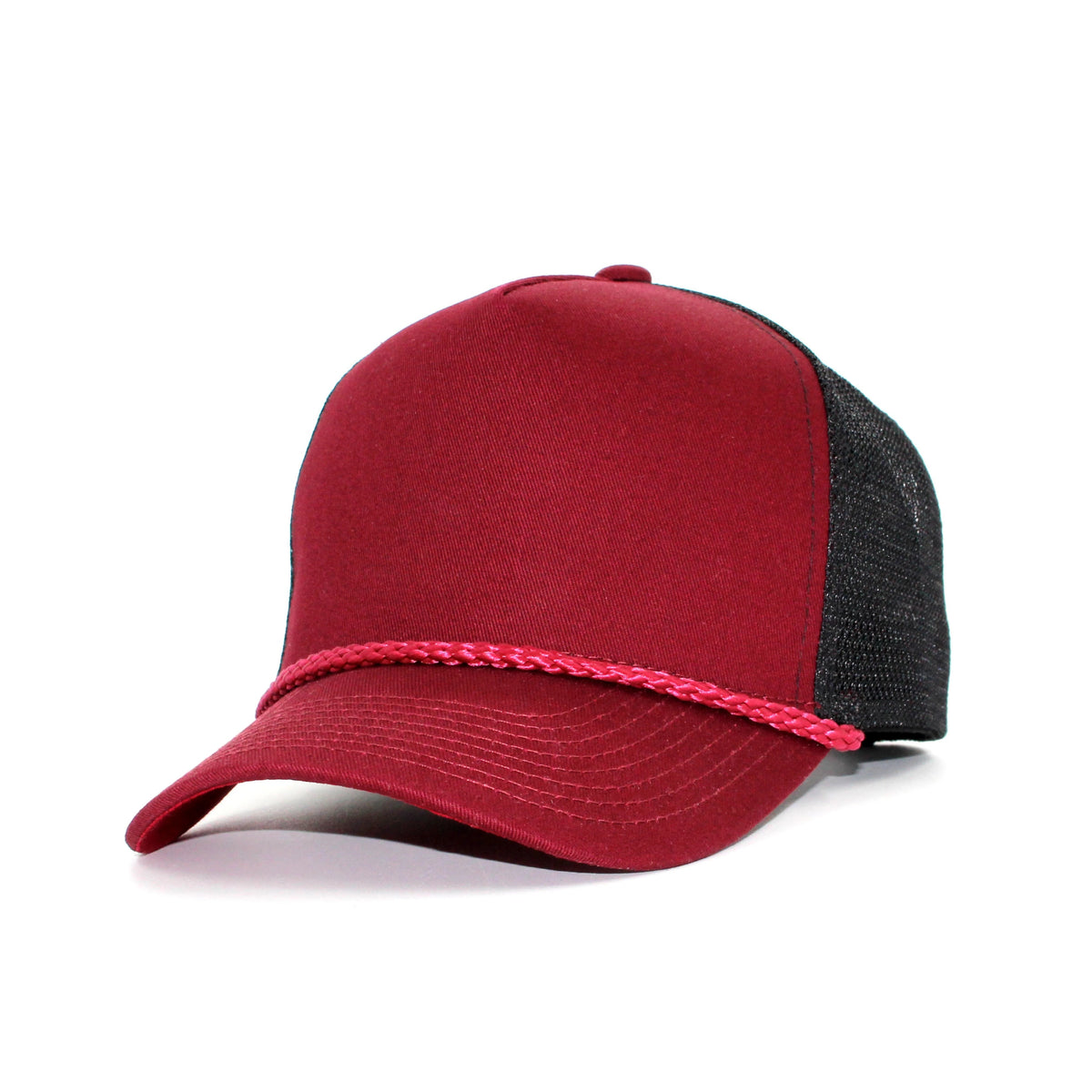 LU-3 burgundy black wholesale 5-panel rope trucker hat front view