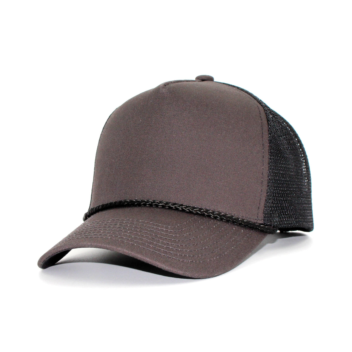 LU-3 charcoal black wholesale 5-panel rope trucker hat front view