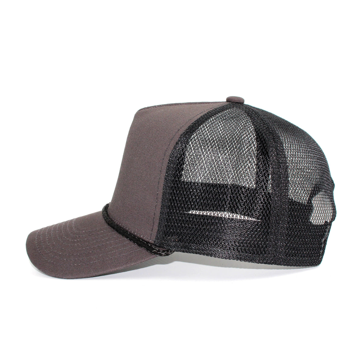 LU-3 charcoal black wholesale 5-panel rope trucker hat side view