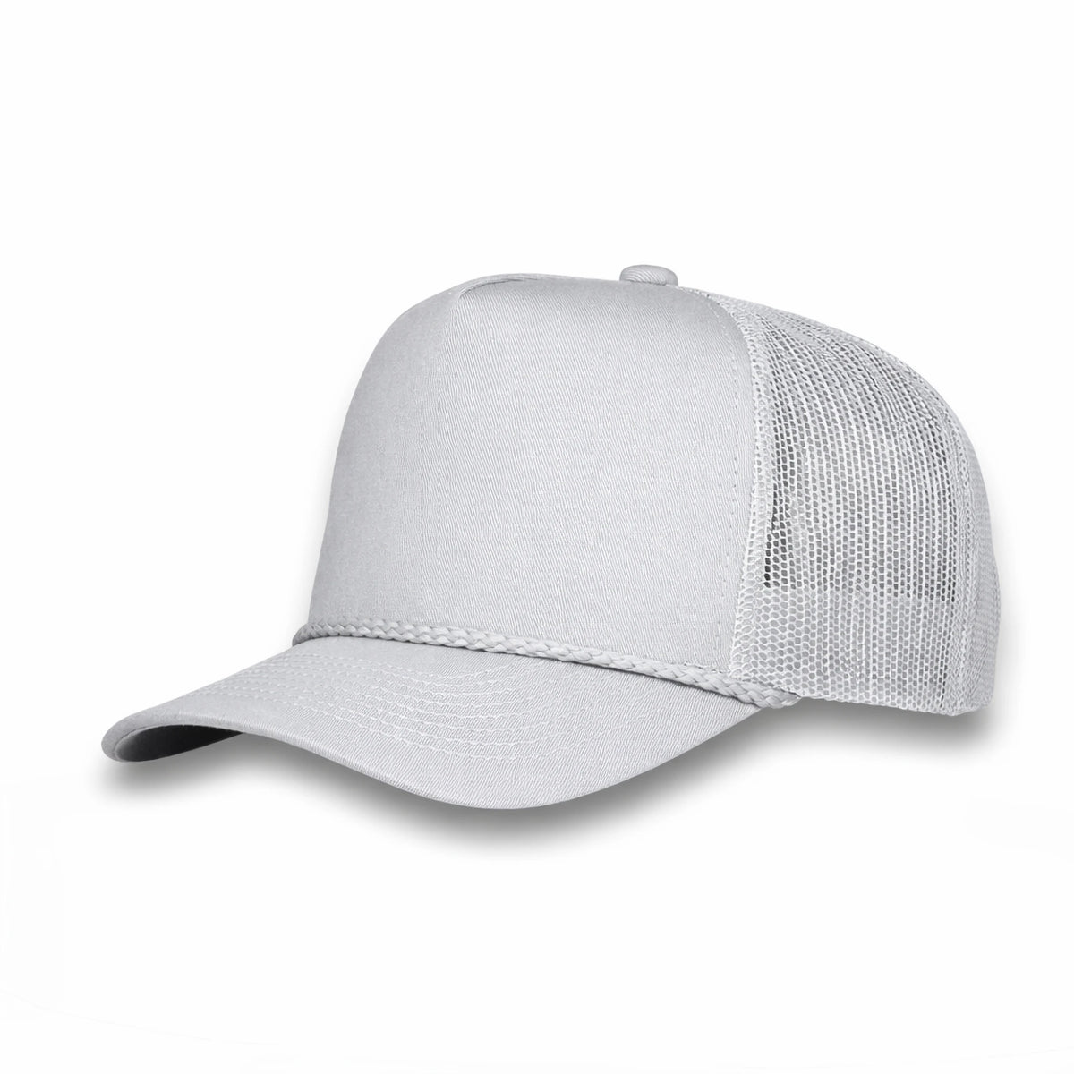 LU-3 grey wholesale 5-panel rope trucker hat front view