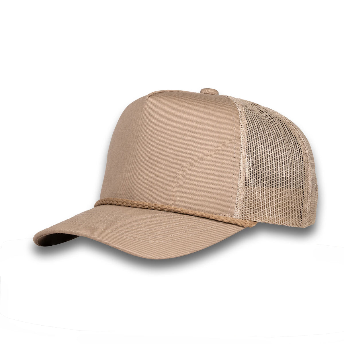 LU-3 khaki wholesale 5-panel rope trucker hat front view