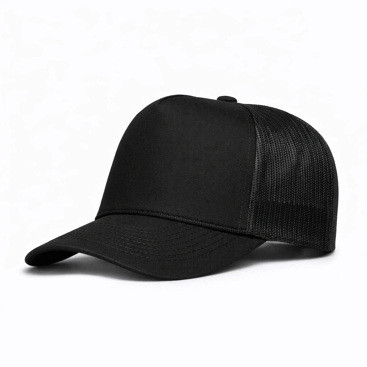 LU-4 black wholesale 5-panel trucker hat front view