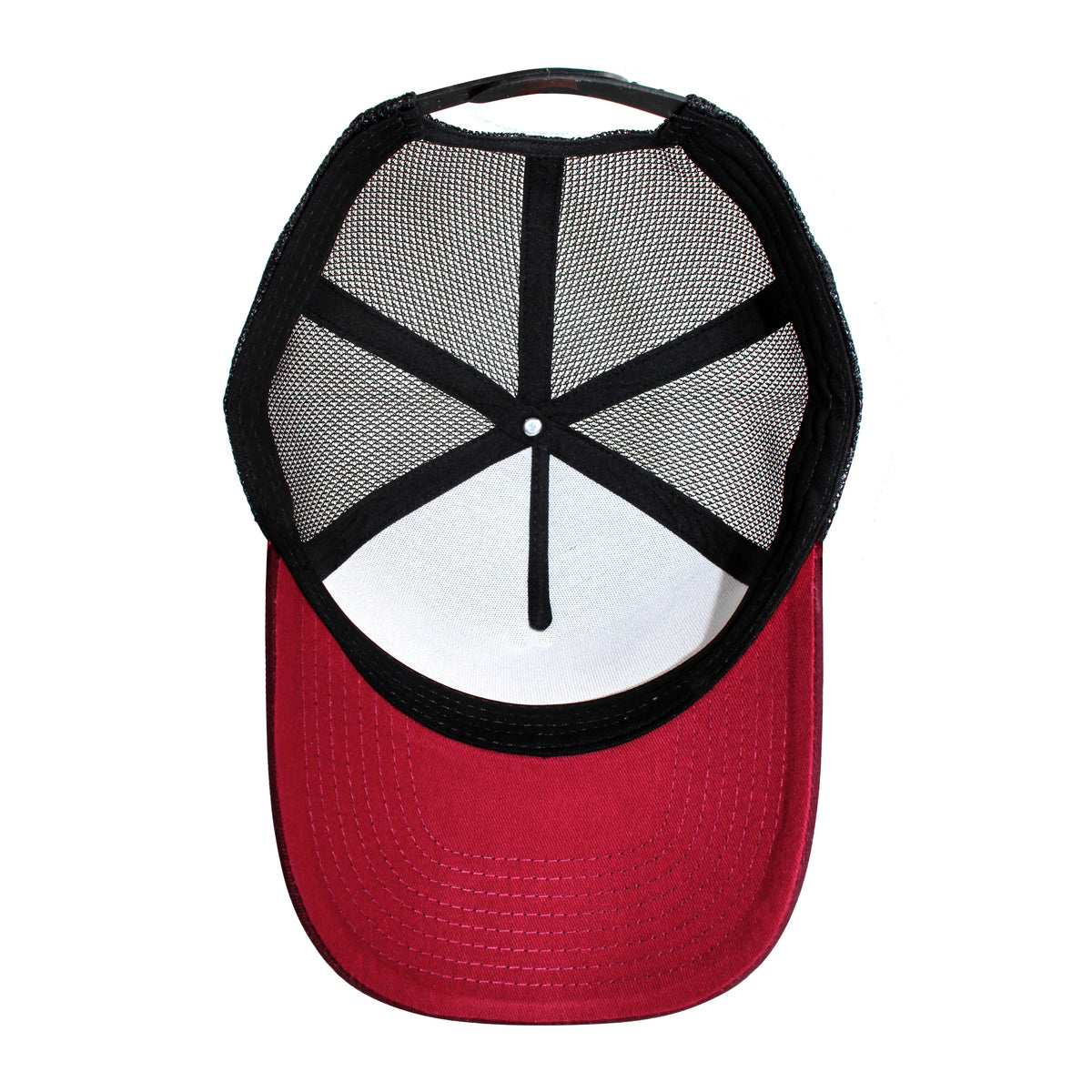 LU-4 burgundy black wholesale 5-panel trucker hat interior view