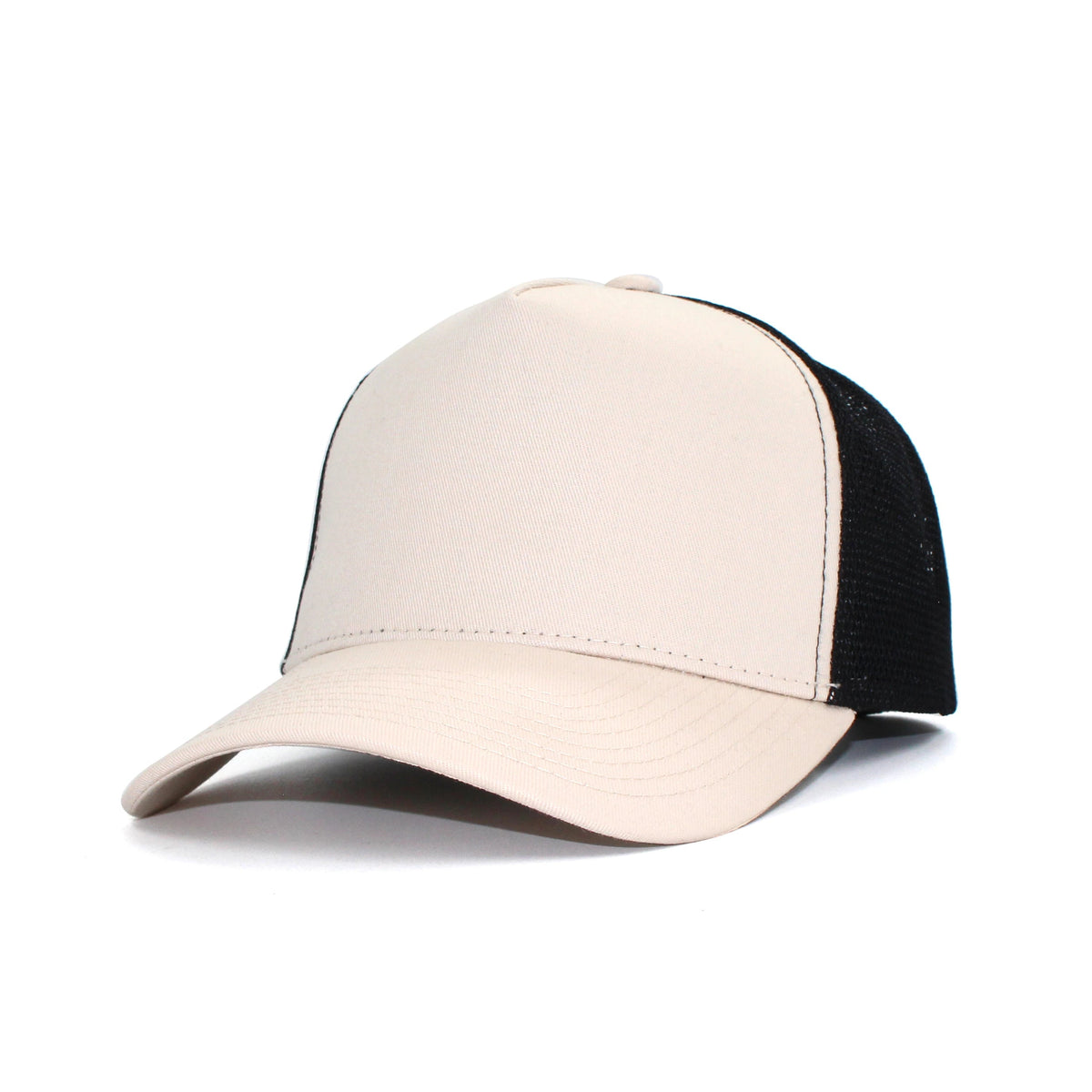 LU-4 cream black wholesale 5-panel trucker hat front view