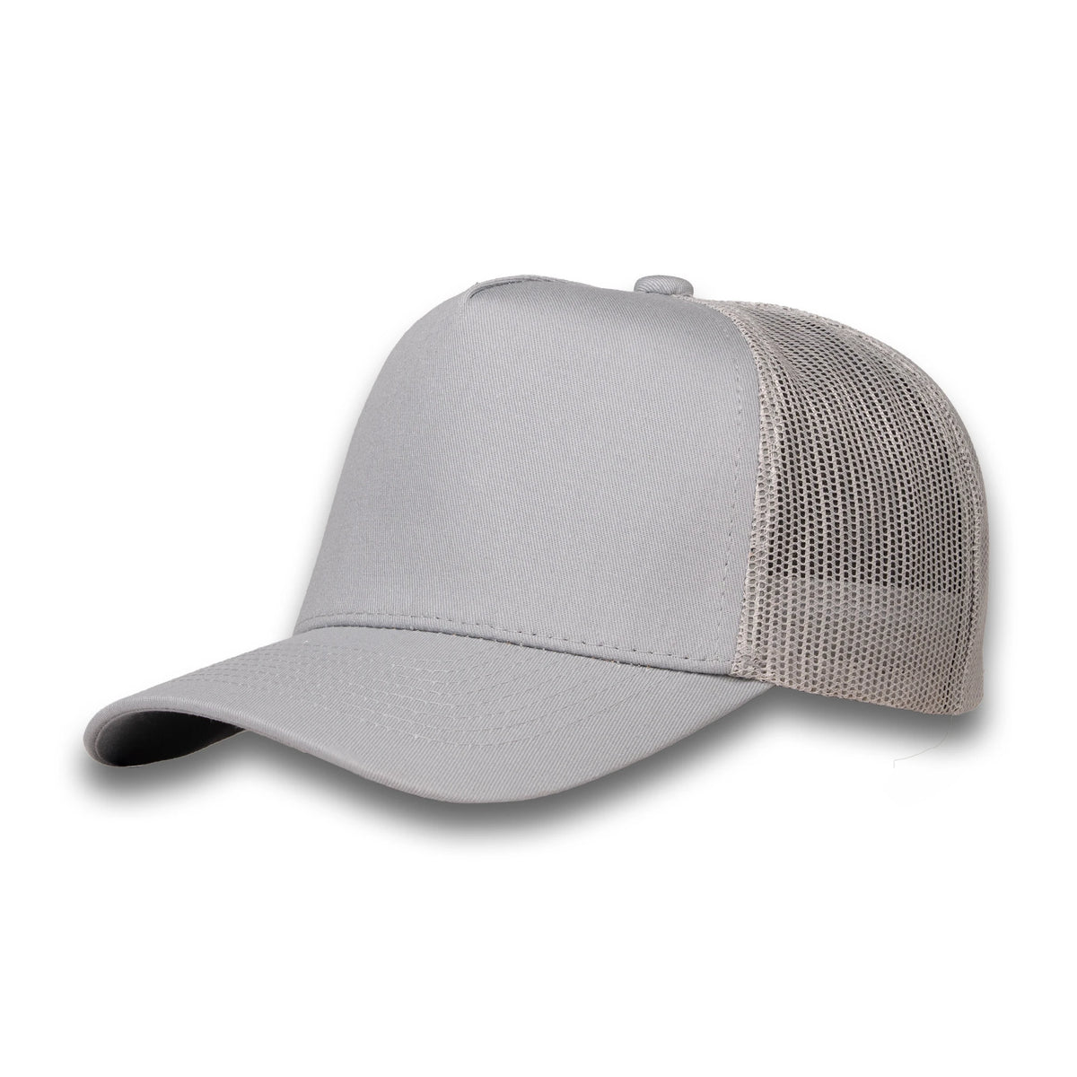 LU-4 grey wholesale 5-panel trucker hat front view