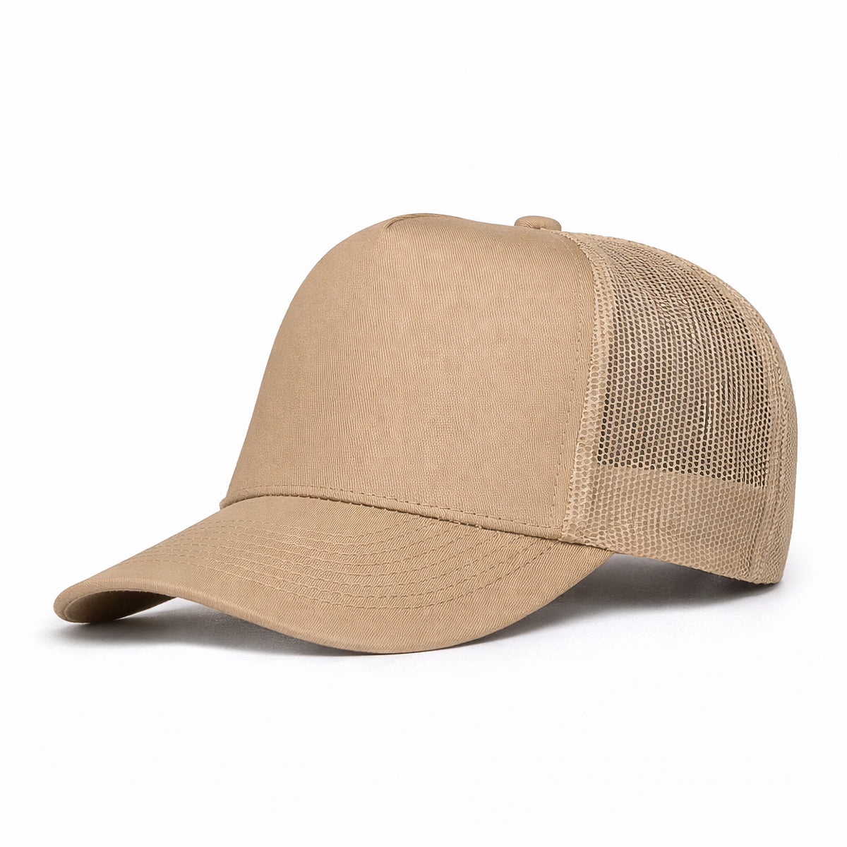 LU-4 khaki wholesale 5-panel trucker hat front view