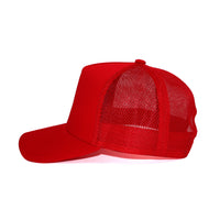 LU-4 red wholesale 5-panel trucker hat side view