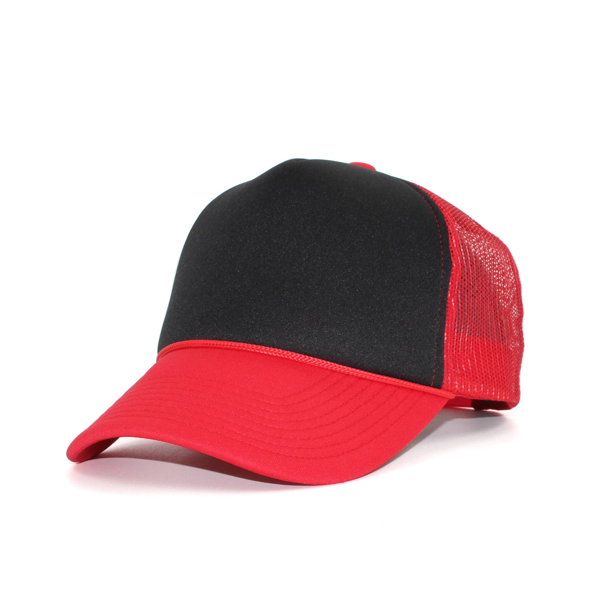 LU-5 black red wholesale 5-panel foam trucker hat front view