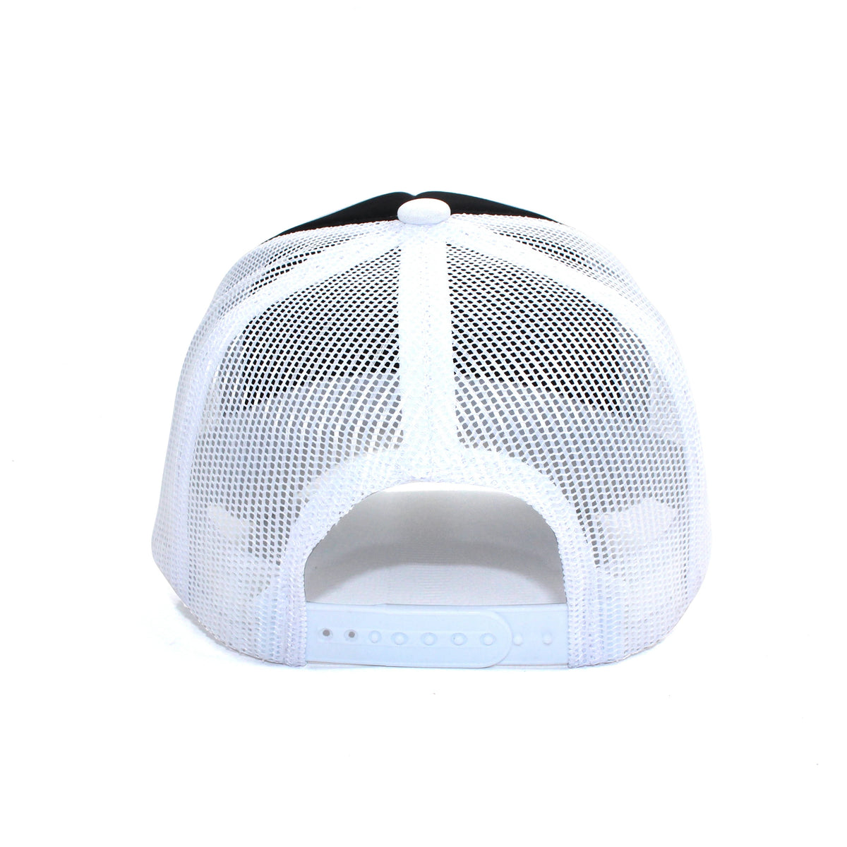 LU-5 black white wholesale 5-panel foam trucker hat back view