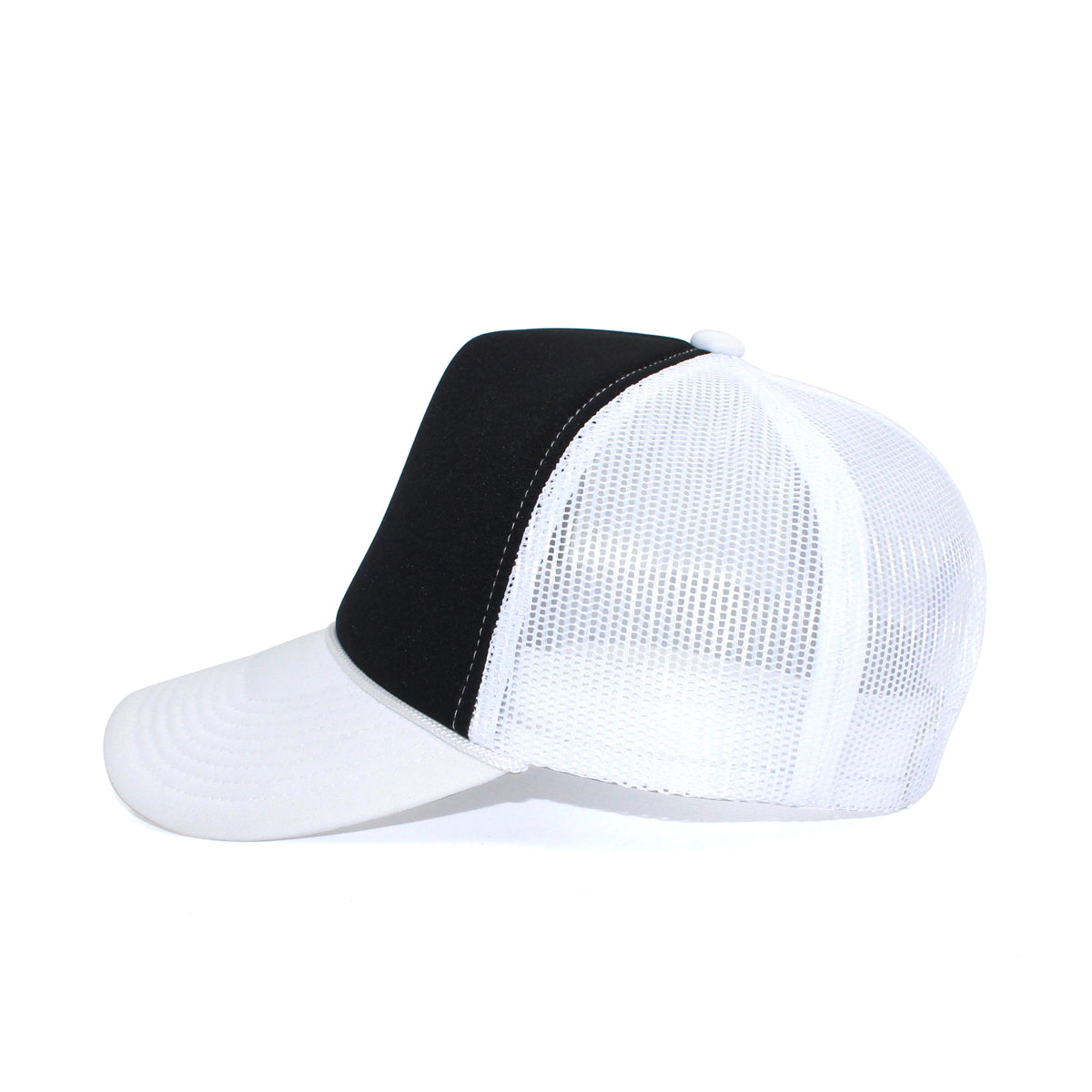 LU-5 black white wholesale 5-panel foam trucker hat side view