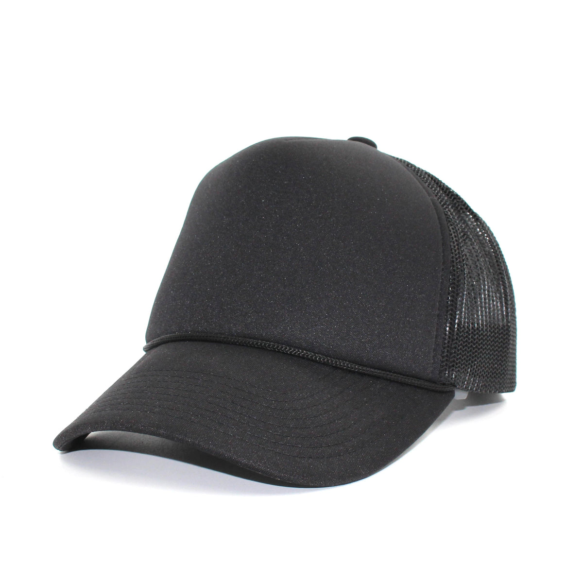 LU-5 black wholesale 5-panel foam trucker hat front view