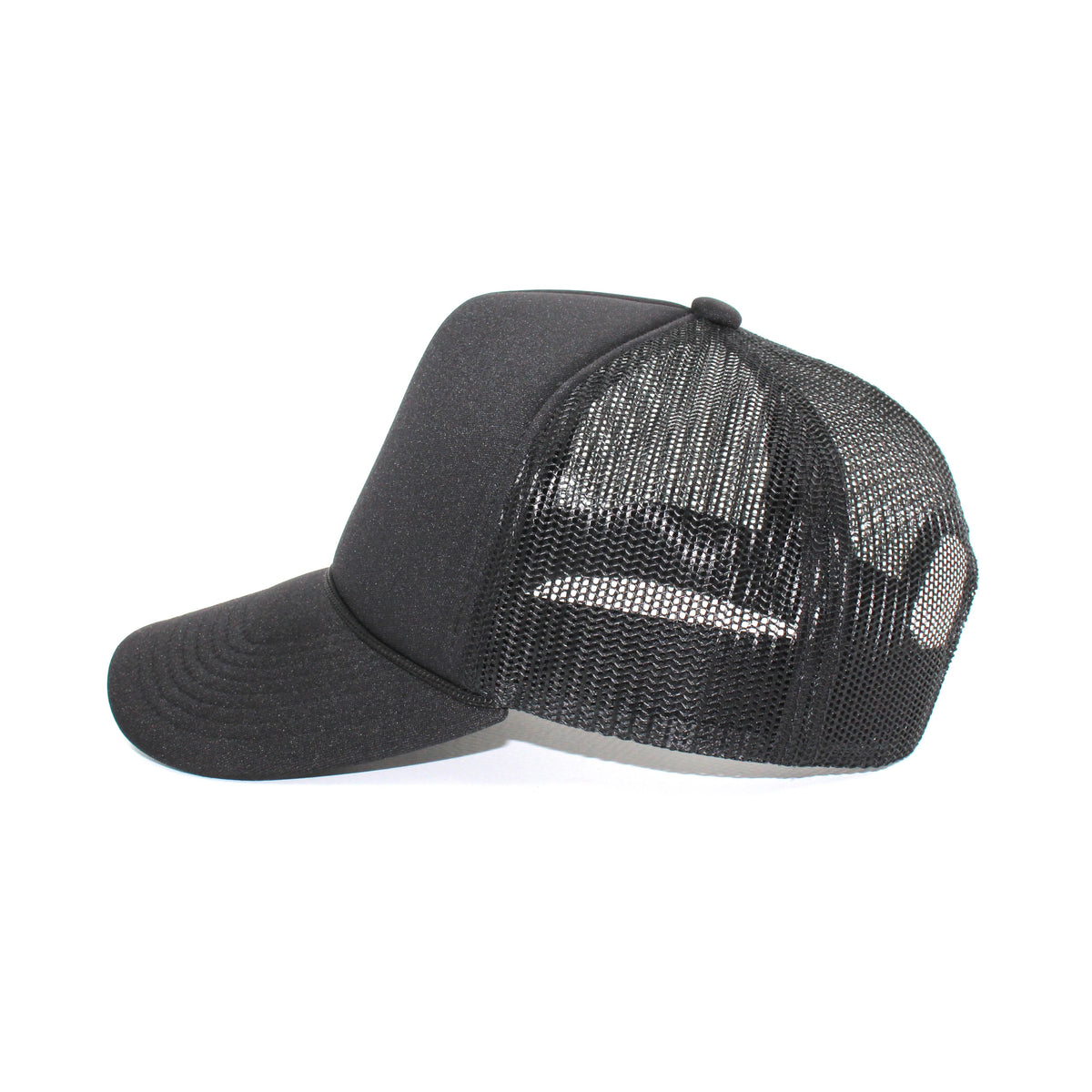 LU-5 black wholesale 5-panel foam trucker hat side view