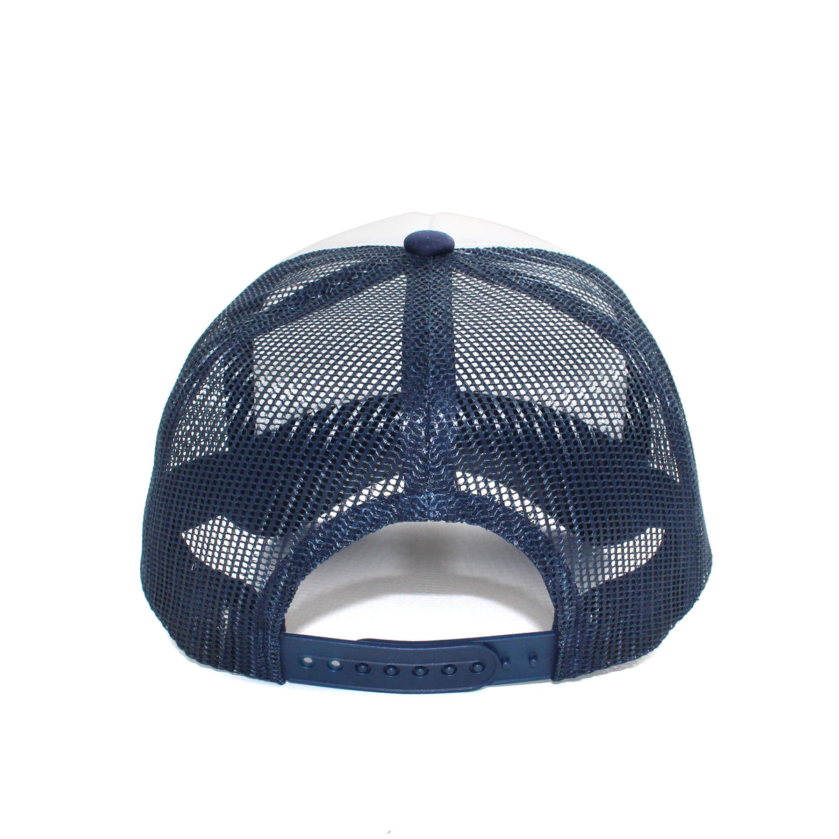 LU-5 white navy wholesale 5-panel foam trucker hat back view