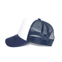 LU-5 white navy wholesale 5-panel foam trucker hat side view