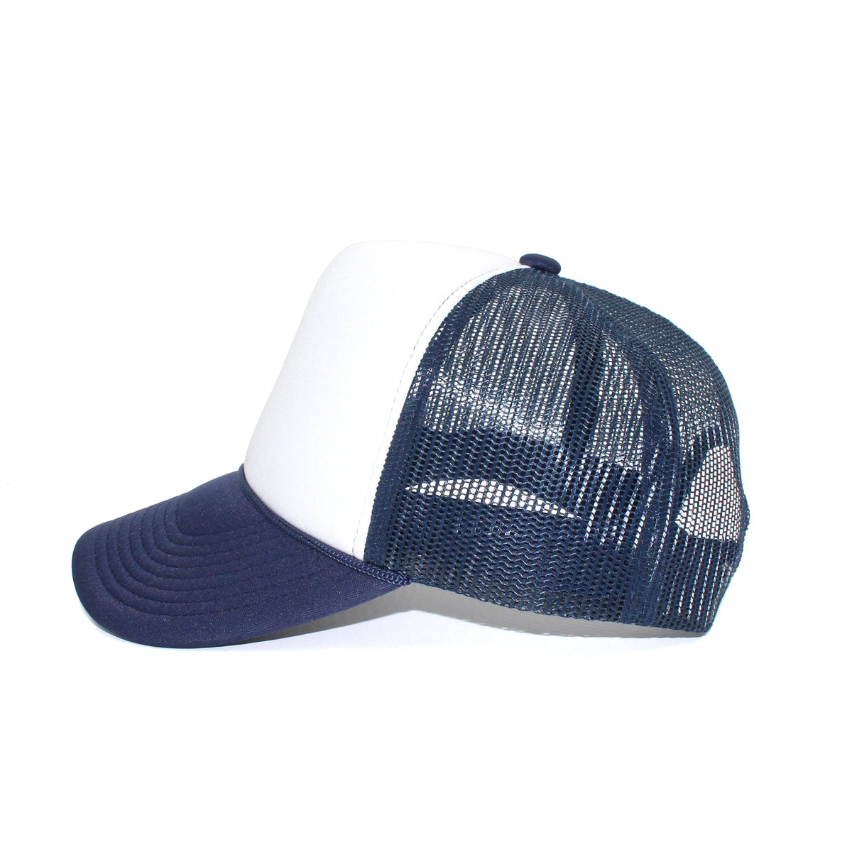 LU-5 white navy wholesale 5-panel foam trucker hat side view