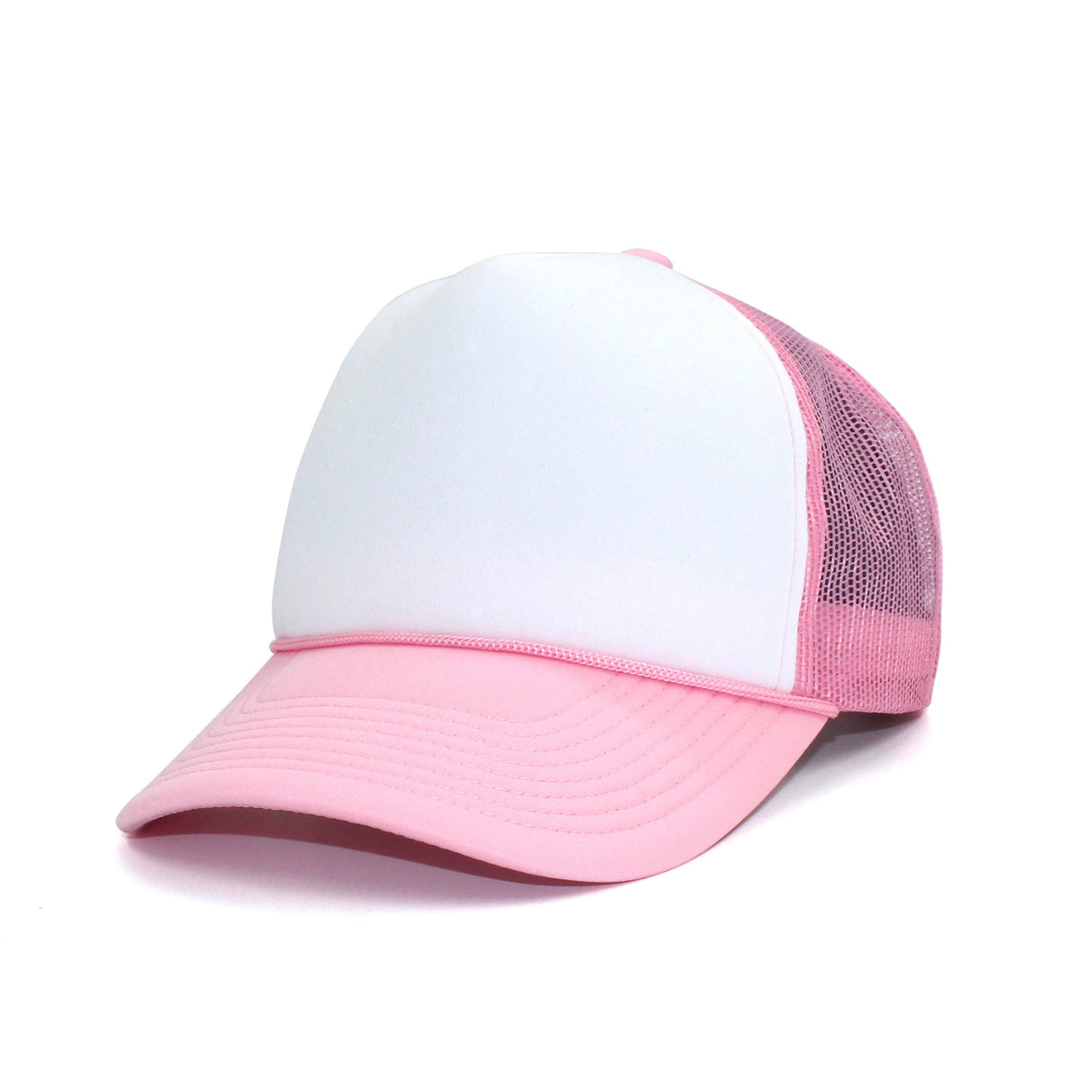 LU-5 white pink wholesale 5-panel foam trucker hat front view