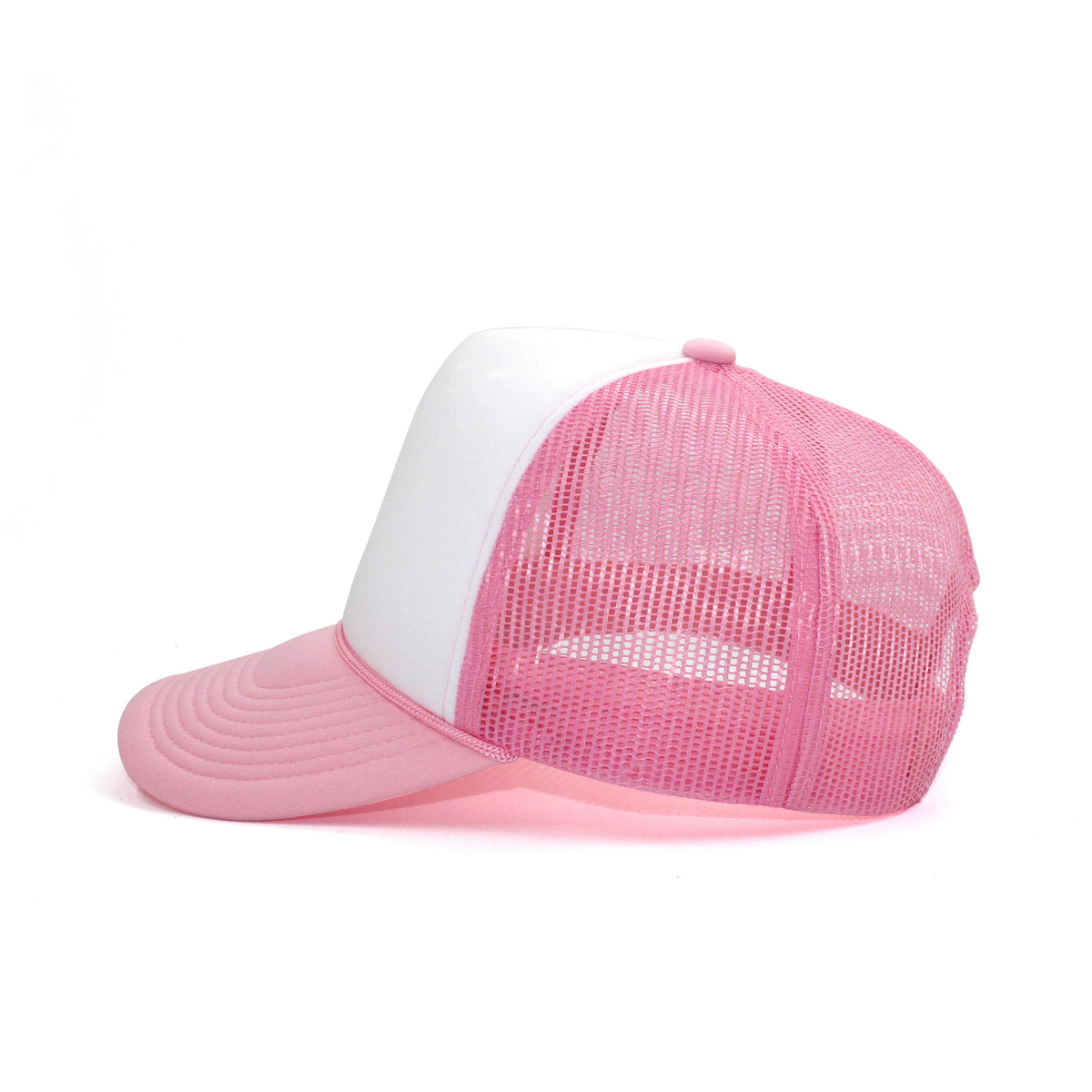 LU-5 white pink wholesale 5-panel foam trucker hat side view
