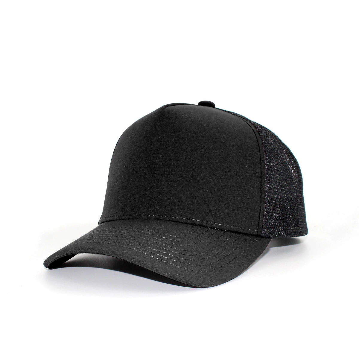 LU-5A black wholesale 5-panel trucker hat front view