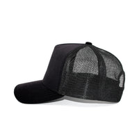 LU-5A black wholesale 5-panel trucker hat side view