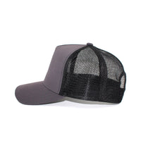 LU-5A charcoal black wholesale 5-panel trucker hat side view