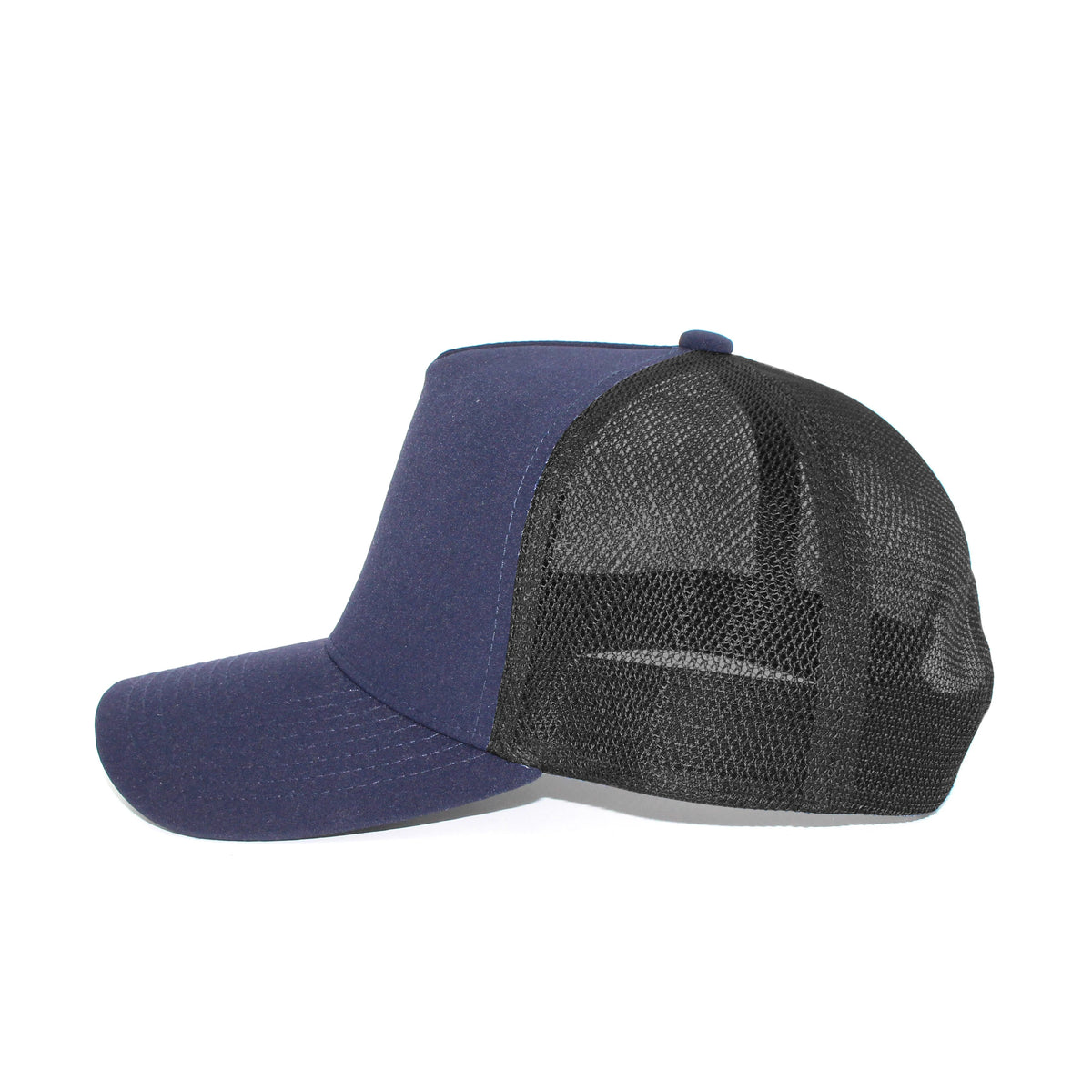 LU-5A navy black wholesale 5-panel trucker hat side view
