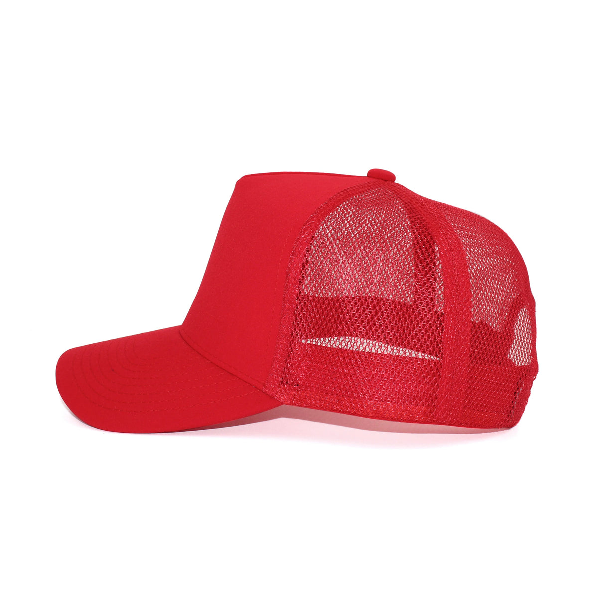 LU-5A red wholesale 5-panel trucker hat side view