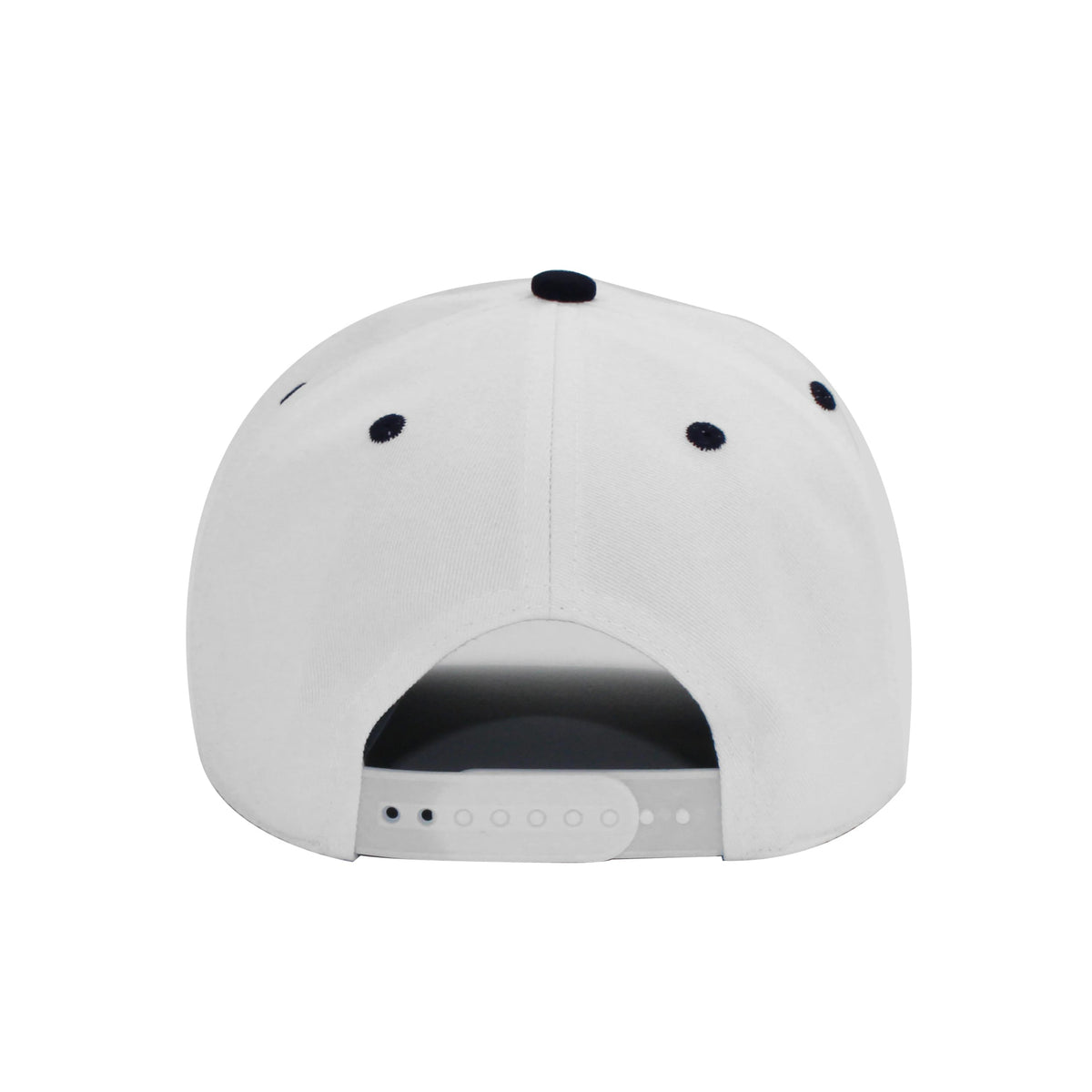 LU-6 white navy wholesale 5-panel snapback hat back view