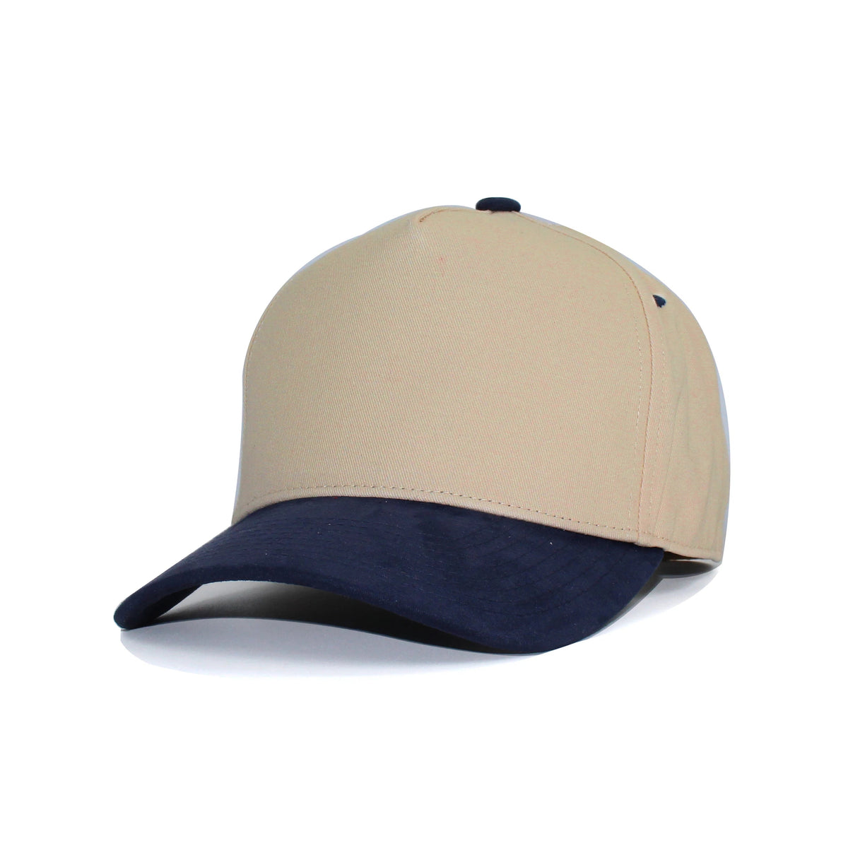 LU-6A beige navy wholesale 5-panel suede brim snapback hat front view