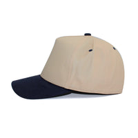 LU-6A beige navy wholesale 5-panel suede brim snapback hat side view