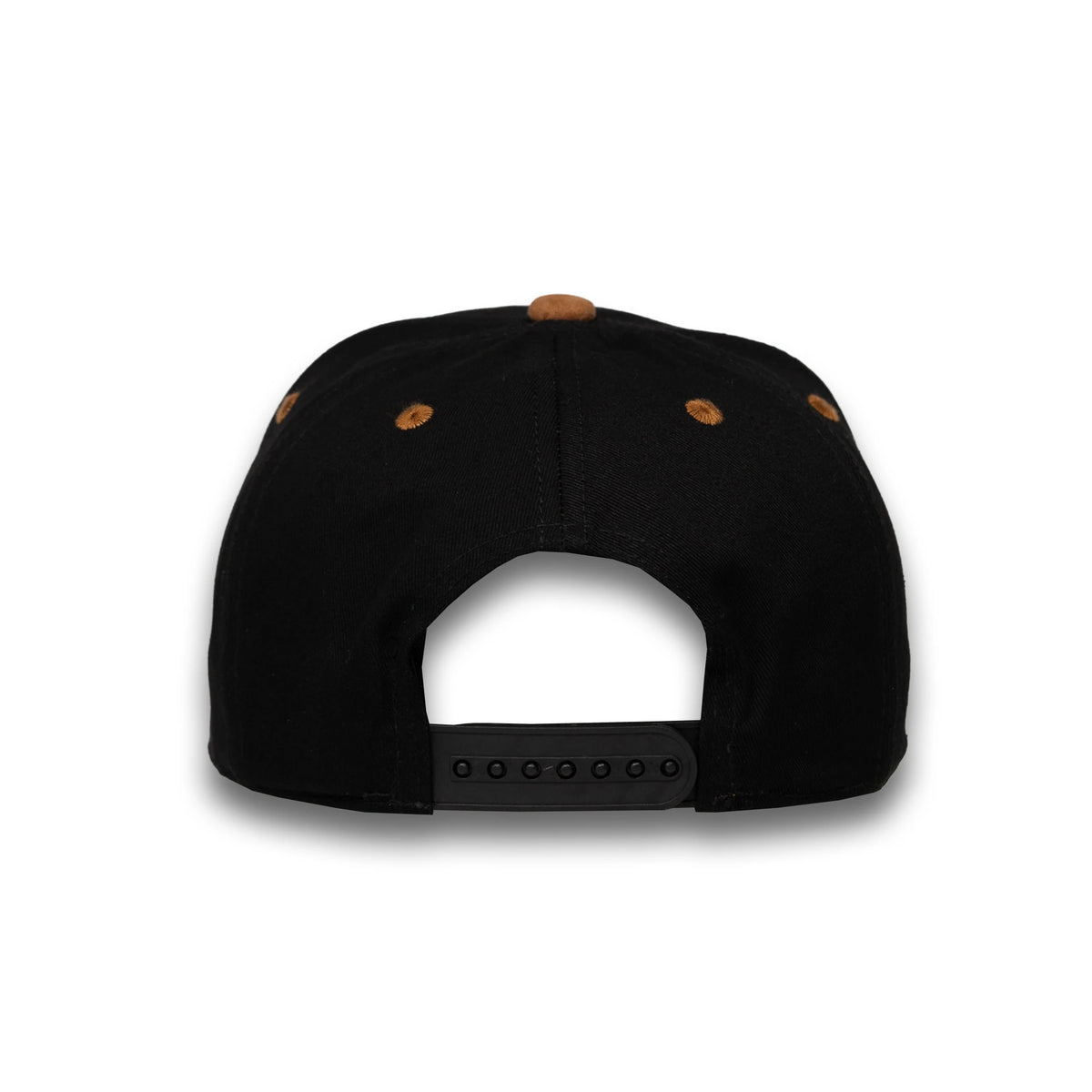 LU-6A black dark brown wholesale 5-panel suede brim snapback hat back view
