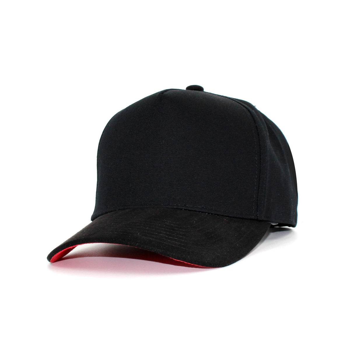 LU-6A black red under wholesale 5-panel suede brim snapback hat front view