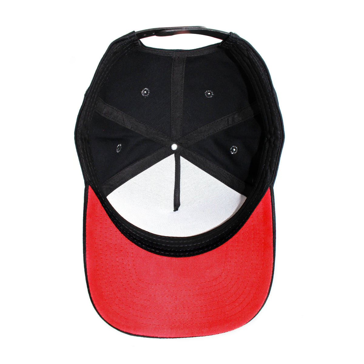 LU-6A black red under wholesale 5-panel suede brim snapback hat interior view