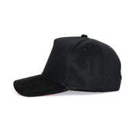 LU-6A black red under wholesale 5-panel suede brim snapback hat side view