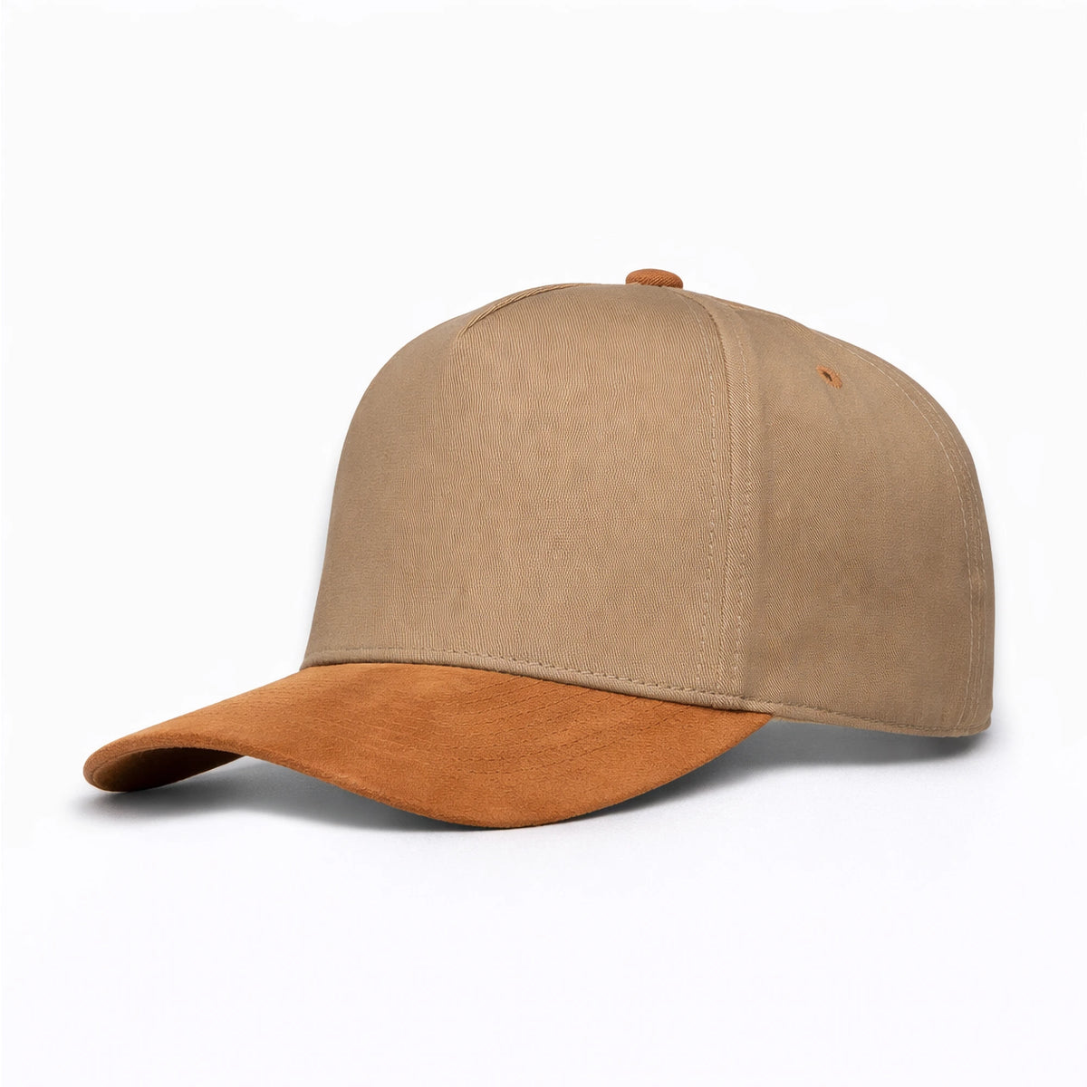 LU-6A khaki brown wholesale 5-panel suede brim snapback hat front view